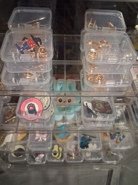 Assorted Enamel Pin Lot of (3) in Clear Display Cases - Pink, Blue, Gold Accents